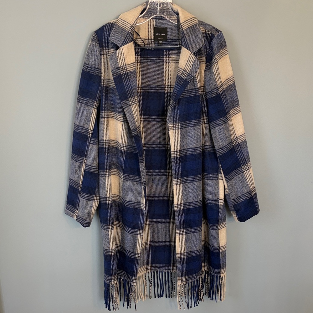 Nwot Love Tree Blue and Cream Plaid Fringe Duster